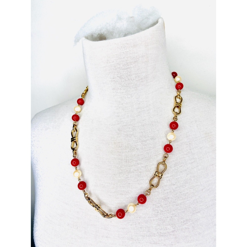 Monet Vintage Gold Tone Red and Cream Faux Pearl Bow Station Necklace